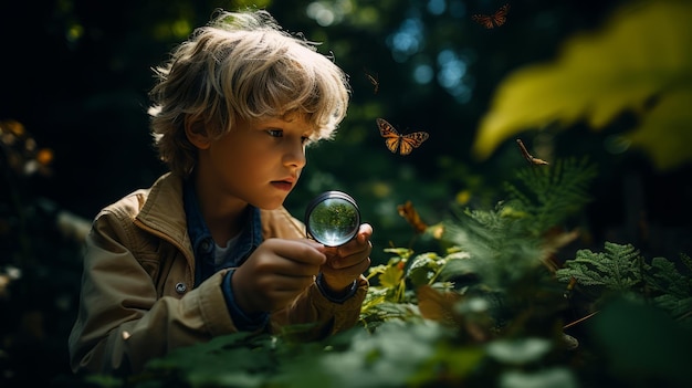 L'esploratore della natura è un ragazzo con una lente d'ingrandimento Una bella illustrazione generativa dell'IA