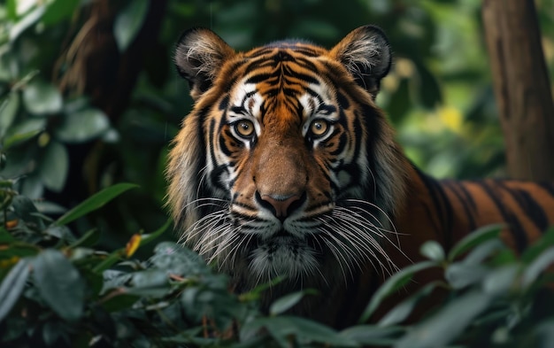 L'espressione feroce delle tigri contro il fogliame lussureggiante.