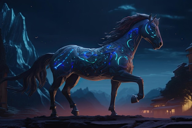 L'essenza magica di un cavallo selvaggio in un ambiente fantastico e da sogno contro uno sfondo mozzafiato