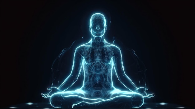 L'essere umano medita nella posa del loto con il flusso di energia blu attraverso il suo corpo Yoga o preghiera IA generativa