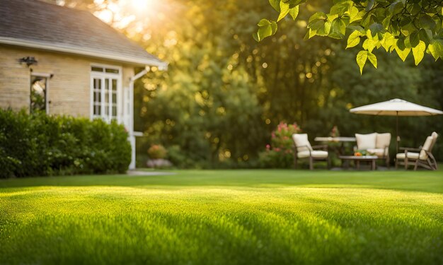 L'estensione del cortile posteriore è verde vibrante e l'erba accuratamente tagliata mostra un'area