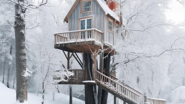 L'esterno della casa sull'albero nella foresta invernale in Finlandia Immagine generativa AI AIG30