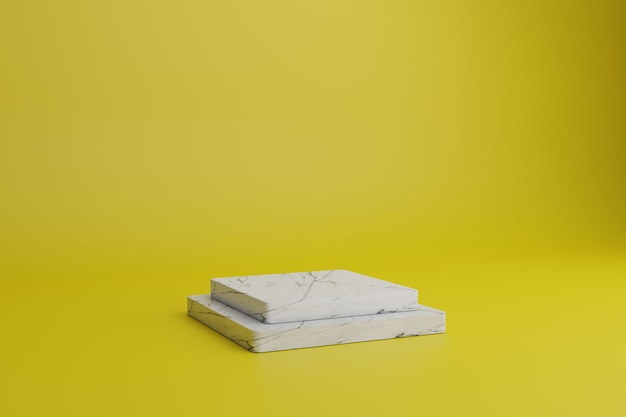L'estratto 3d rende la scena minima con i podi quadrati di marmo su un fondo giallo