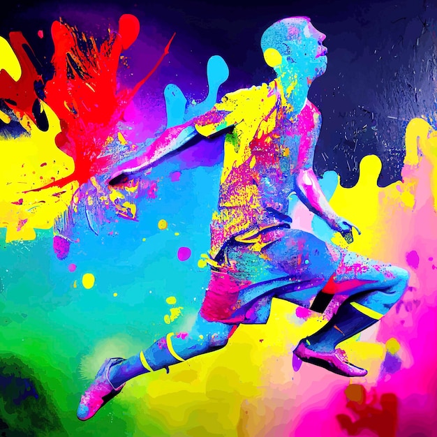 L'estratto schizzato spruzzato di vernice graffiti dell'ombra dell'uomo che gioca a calcio con un'energia colorata