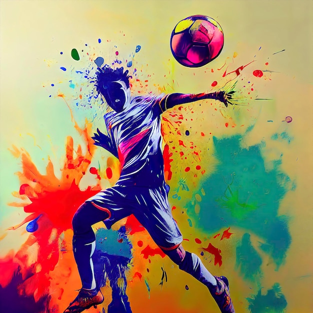 L'estratto schizzato spruzzato di vernice graffiti dell'ombra dell'uomo che gioca a calcio con un'energia colorata