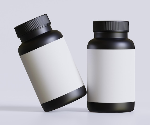 L'etichetta bianca della bottiglia di pillola nera per la raccolta di mockup illustrazione rendering 3D perfetto per il medico