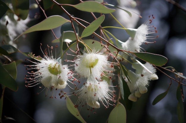 L'eucalipto sboccia al vento con i suoi delicati petali che svolazzano