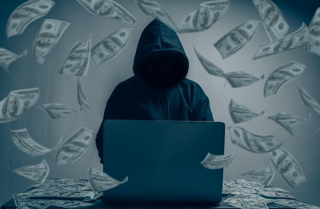 L'hacker indossa una felpa con cappuccio nera. Stanno rubando grandi quantità di informazioni finanziarie