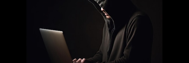 L'hacker senza volto in un cappuccio tiene un laptop su uno sfondo scuro Sicurezza informatica banner Genera intelligenza artificiale
