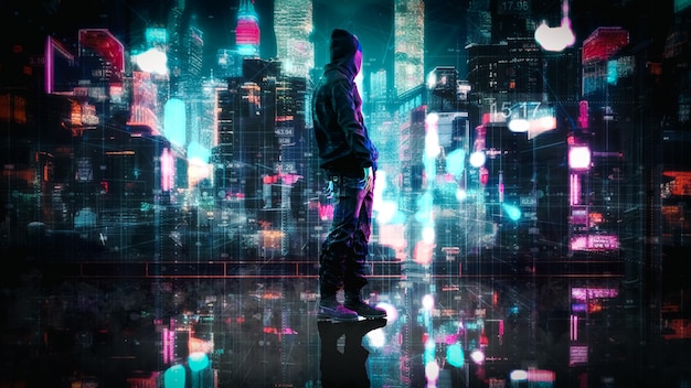 L'hacker uomo in piedi davanti a una città piena di luci 3d rendering dell'illustrazione