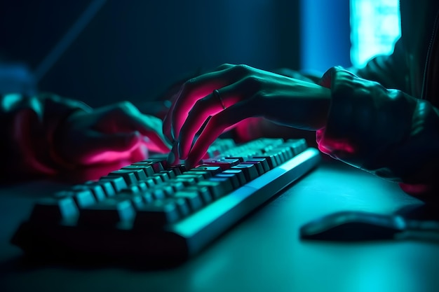 L'hacker utilizza i pulsanti di scuotimento della tastiera con le dita per decifrare la password Concetto di sicurezza Internet Attacco informatico Colore blu neon Rete neurale AI generata