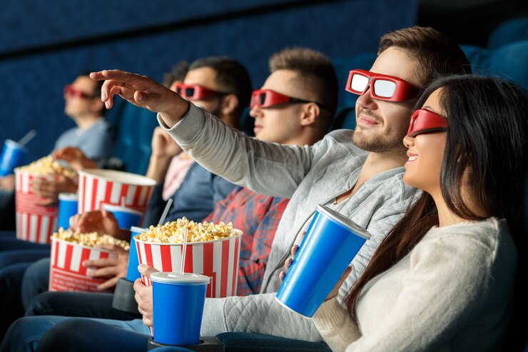 L'hai visto? Giovane bello che indica con la sua mano che mostra qualcosa sullo schermo del cinema alla sua amica