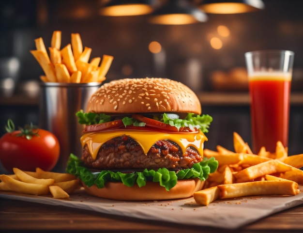 L'hamburger di formaggio fresco e delizioso con patatine fritte su sfondo nero scuro