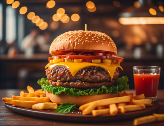 L'hamburger di formaggio fresco e delizioso con patatine fritte su sfondo nero scuro