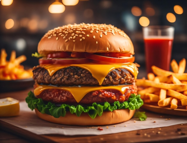 L'hamburger di formaggio fresco e delizioso con patatine fritte su sfondo nero scuro