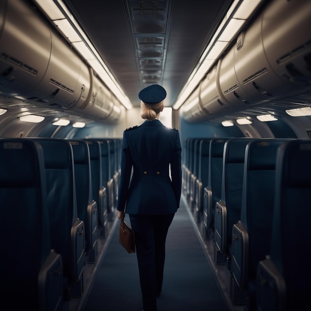 l'hostess cammina lungo la vista posteriore dell'aereo