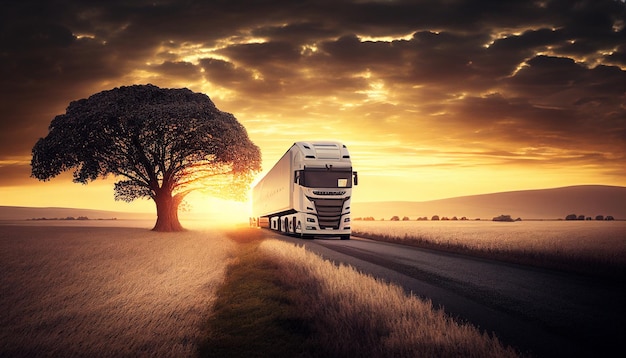 L'IA generativa arriva sulla strada in un camion bianco al tramonto in un ambiente rurale