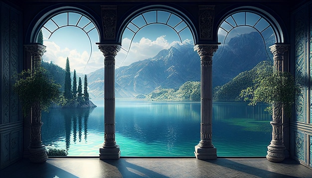 L'IA generativa cattura una bellissima immagine di un lago blu dall'interno di una villa