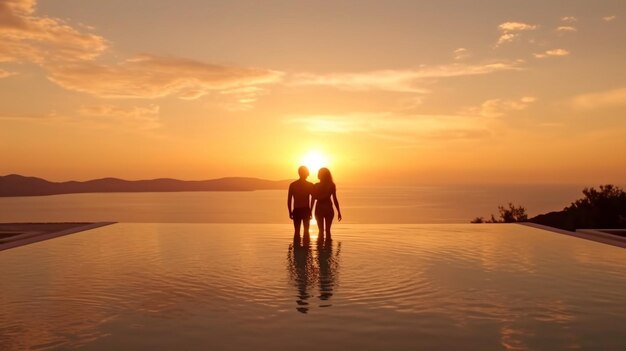 L'IA generativa cattura una coppia di innamorati in vacanza mentre si gode il tramonto estivo sul Mar Egeo accanto alla piscina