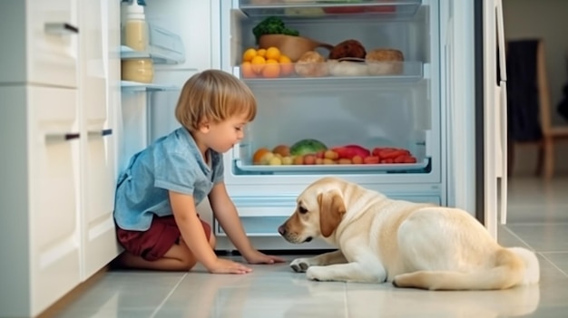 L'IA generativa mostra un bambino e un adorabile Labrador Retriever alla ricerca di cibo nel frigorifero di casa