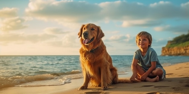 L'IA generativa mostra un giovane e il suo cane Golden Retriever che si godono le vacanze estive in una località balneare e si riposano sulla spiaggia estiva delle Hawaii