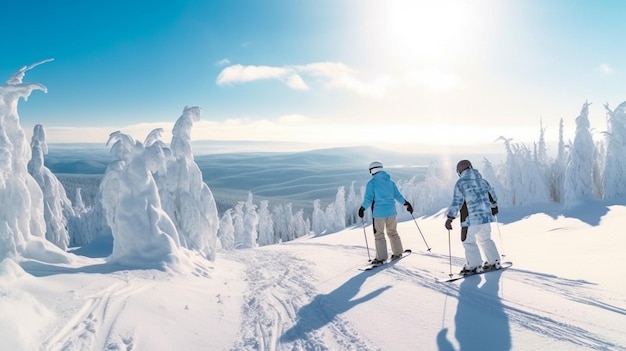 L'IA generativa mostra una coppia che fa snowboard in una giornata luminosa