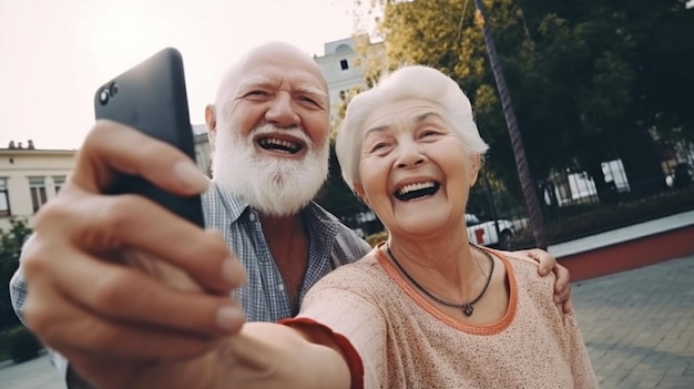 L'IA generativa mostra una felice coppia di anziani che si scatta un selfie mentre pratica uno sport all'aria aperta