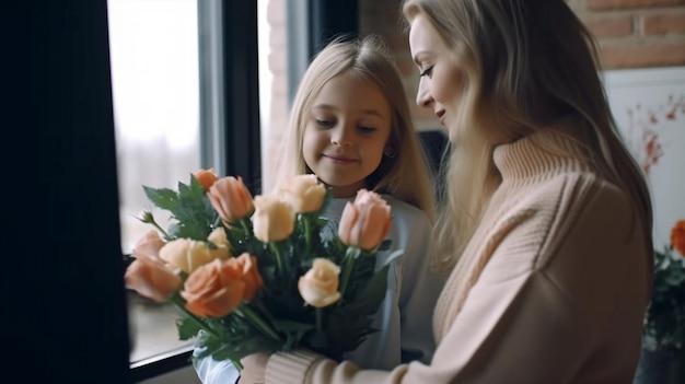 L'IA generativa mostra una figlia che regala dei fiori a sua madre