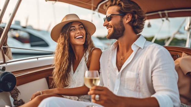 L'IA generativa mostra una splendida coppia che si gode lo champagne mentre festeggia su uno yacht