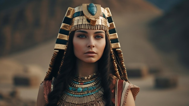 L'IA generativa raffigura la regina Cleopatra in stile egiziano in piedi accanto alle piramidi del deserto