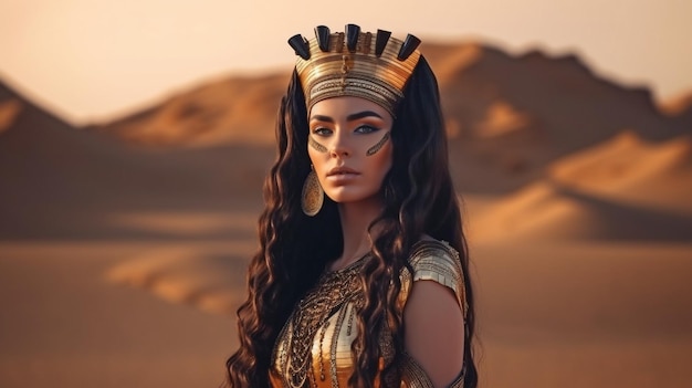 L'IA generativa raffigura la regina Cleopatra in stile egiziano in piedi accanto alle piramidi del deserto