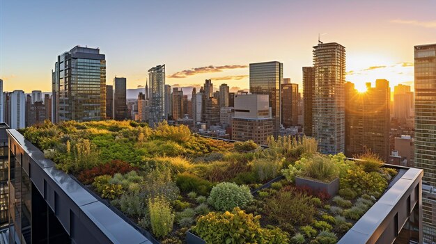 L'IA generativa raffigura un giardino pensile verde al tramonto su una torre in una grande città