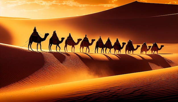 L'IA generativa raffigura una carovana di cammelli nel deserto marocchino del Sahara al tramonto