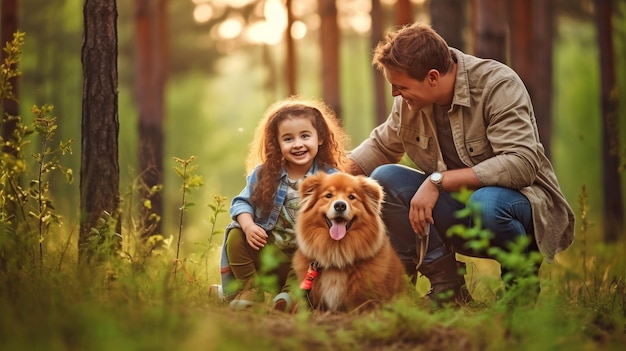 L'IA generativa raffigura una famiglia felice e il loro cane che si godono un momento di pace nel bosco