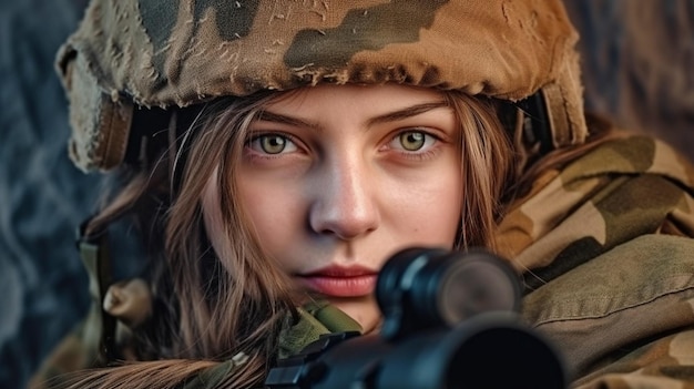 L'IA generativa raffigura una giovane soldatessa che porta un fucile e indossa una mimetica