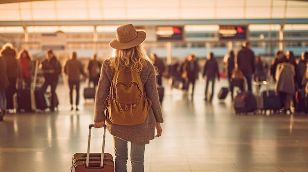 L'IA generativa ritrae una giovane donna bellissima con borse e un aeroporto affollato