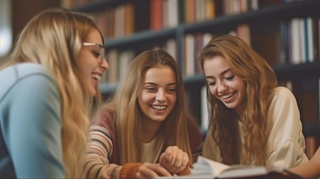 L'IA generativa viene utilizzata da un gioioso gruppo di studenti che stanno imparando e lavorando insieme in una biblioteca universitaria