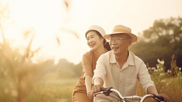 L'IA generativa viene utilizzata da una giovane e gioviale coppia di anziani per godersi un'attività all'aperto mentre va in bicicletta