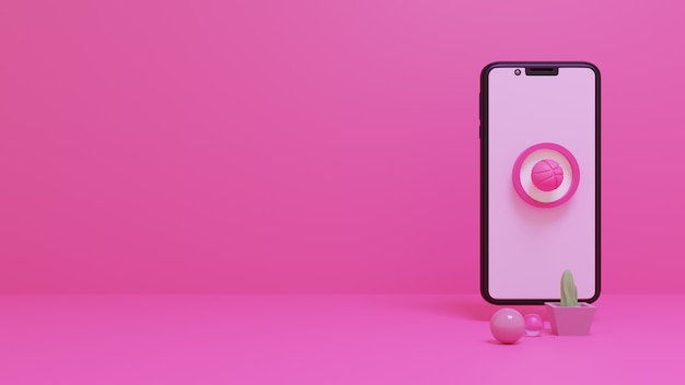 L'icona del logo dei social media popolari Dribbble 3d rende sullo schermo mobile