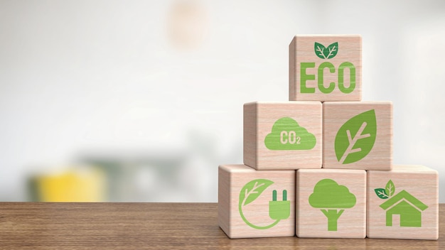 L'icona dell'ecologia sul cubo di legno per eco o concetto naturale 3d renderingxA