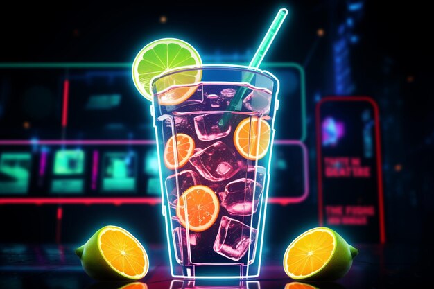 L'icona della limonata illuminata al neon brilla simboleggiando il rinfresco fresco in mezzo a scene urbane affollate