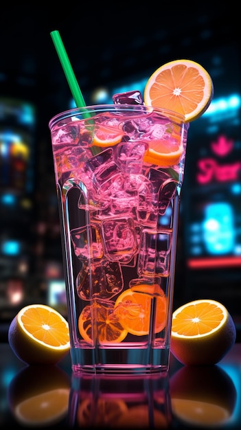 L'icona della limonata illuminata al neon si illumina a simboleggiare un fresco ristoro tra le vivaci scene urbane Mo verticale