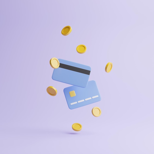 L'icona delle carte di credito con monete d'oro galleggia su sfondo viola pastello illustrazione 3D