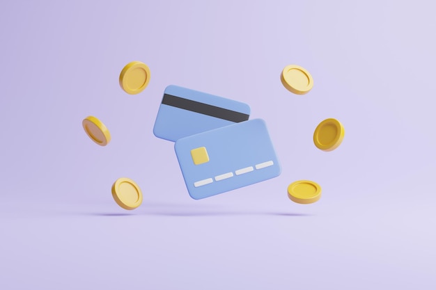L'icona delle carte di credito e le monete d'oro galleggiano su sfondo viola Concetto di pagamento online e aziendale 3D
