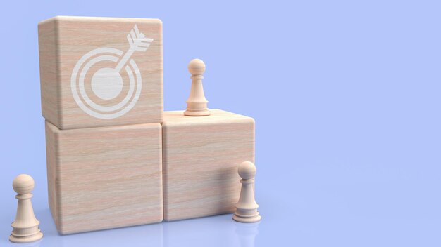 L'icona di destinazione sul cubo di legno per il rendering 3d del concetto astratto o aziendale
