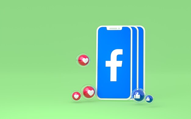 L'icona di Facebook sullo schermo dello smartphone e le reazioni di Facebook amano, wow, come le emoji