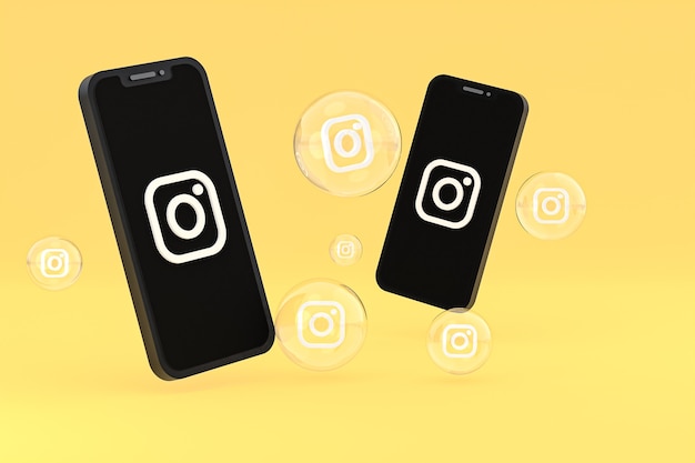 L'icona di Instagram sullo schermo dello smartphone o del cellulare e le reazioni di instagram amano il rendering 3d su sfondo giallo