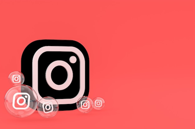 L'icona di Instagram sullo schermo dello smartphone o del cellulare e le reazioni di instagram amano il rendering 3d su sfondo rosso