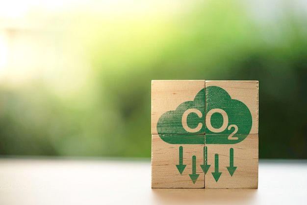 L'icona di riduzione della CO2 si assembla su un cubo di legno per ridurre l'impronta di carbonio di CO2 e il credito di carbonio per limitare il riscaldamento globale dovuto ai cambiamenti climatici Concetto di bioeconomia verde circolare