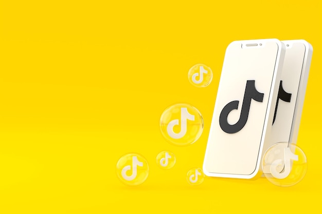 L'icona di Tiktok sullo schermo dello smartphone o del telefono cellulare 3d rende su sfondo giallo